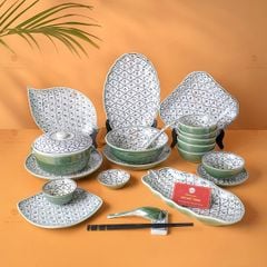 Bộ Bát Đĩa Bát Tràng Men Xanh Ngọc Vẽ Bèo